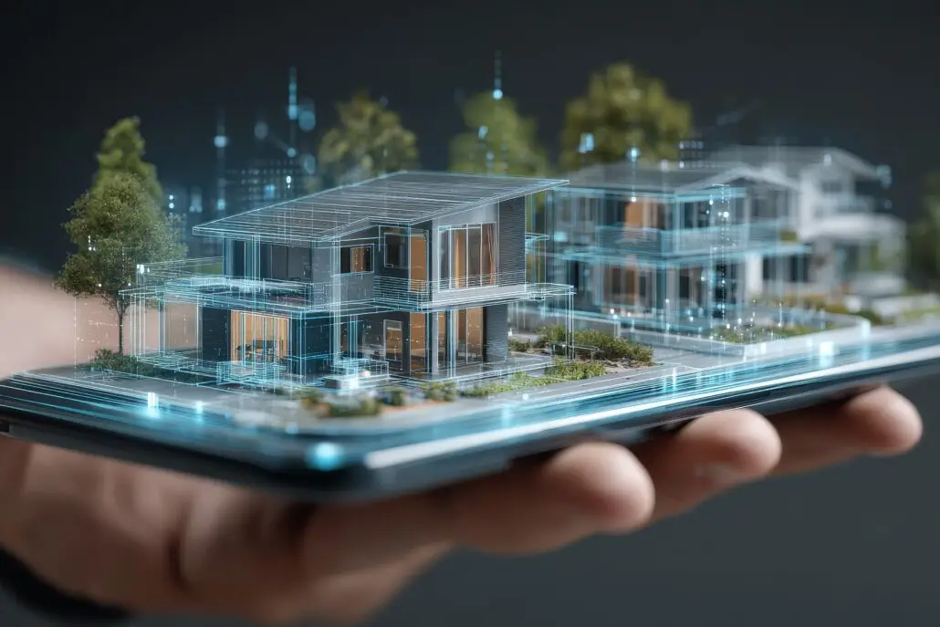 Digital architectural representation displayed on a tablet showcasing modern house designs with virtual enhancements in an urban setting