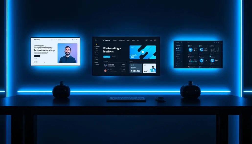 lucid-origin_Cinematic_modern_workspace_scene_featuring_floating_digital_screens_showcasing_s-0