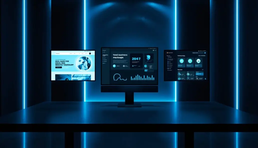 lucid-origin_Cinematic_modern_workspace_scene_featuring_floating_digital_screens_showcasing_s-1